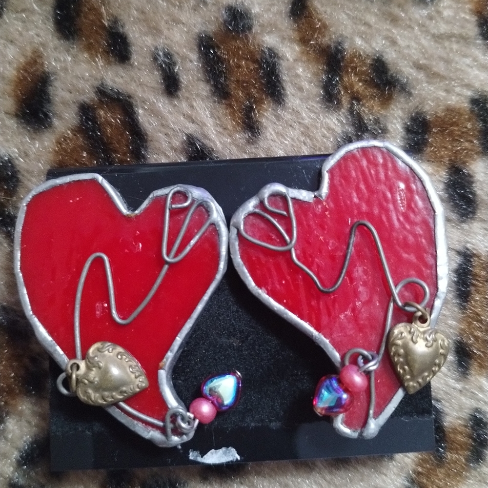 Vintage Stained Glass Red Heart Clip On Earrings Valentine's Day‎